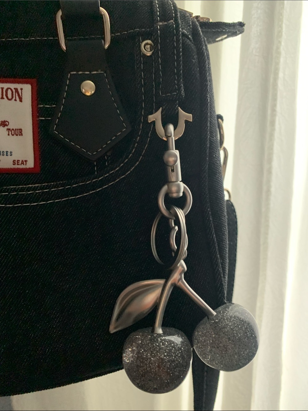 🆕- Black Sparkling Cherry Bag Charm with Dark Sliver Tone Hardware